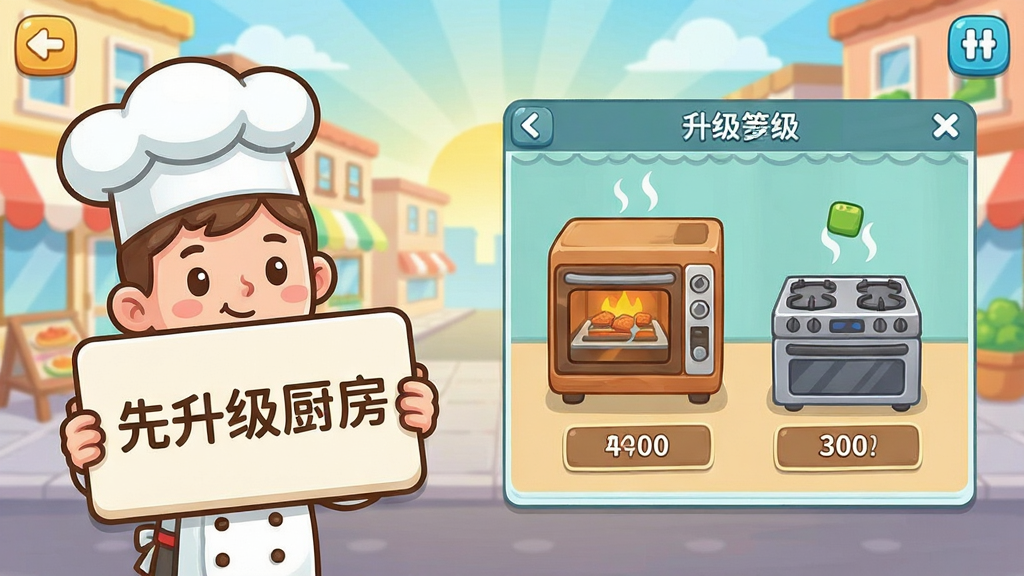卡通风格的手机游戏新手引导界面,画面左侧是一个戴着厨师帽的小人举着提示牌,牌子上写着“先升级厨房”,右侧是游戏内的厨房升级界面,显示烤箱和灶台的等级,背景是美食街的清晨场景,色调清新明亮,布局简洁,画质干净无多余元素