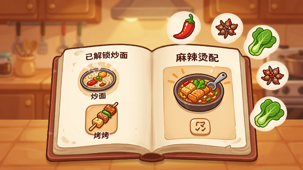 游戏内的菜品研发界面,画面中央是一本翻开的菜谱,左边页面显示已解锁的炒面和烤串图标,右边页面是一个正在研发的麻辣烫配方,周围有辣椒、花椒、青菜等食材图标漂浮,背景是暖色调的厨房环境,画面风格卡通可爱,布局整洁,画质清晰无多余元素