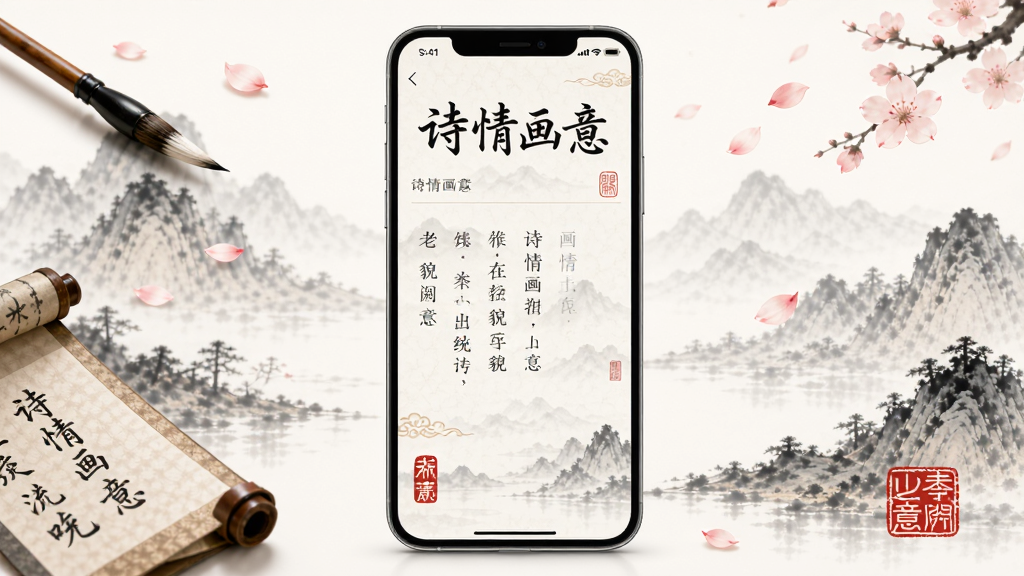 诗情画意App核心全貌展示,画面中央是一部手机,屏幕显示古风诗词阅读界面,上方有“诗情画意”四个字,背景是水墨山水和飘落的花瓣,布局简洁居中,风格为国风插画,细节包括毛笔、卷轴、印章元素,画质干净清晰,无多余元素