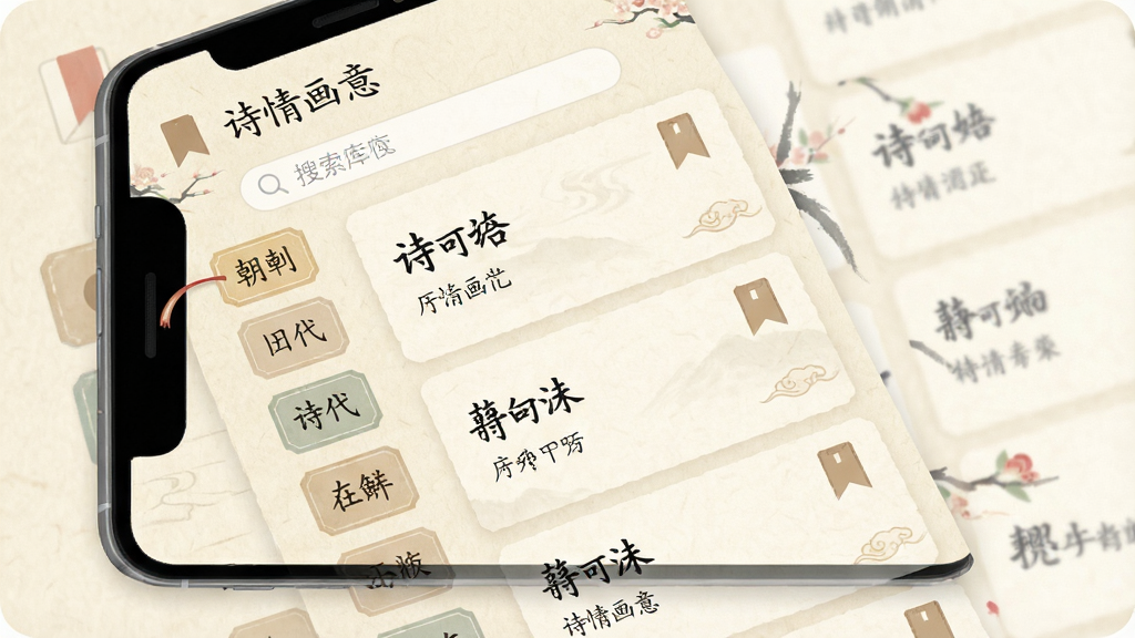 诗情画意App诗词库界面,手机屏幕展示“诗情画意”App内的诗词列表页,左侧是朝代分类标签,右侧是诗词卡片,每张卡片上有诗名和作者,背景是淡雅的米黄色纸张纹理,布局清晰有层次,风格为扁平化国风设计,细节包括书签图标和搜索框,画质干净,无多余元素