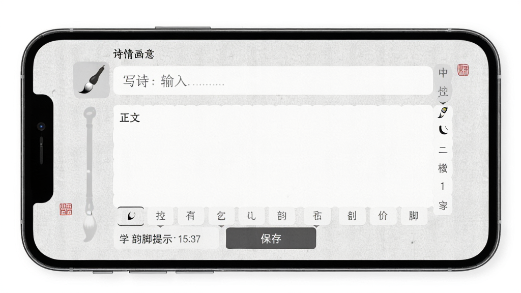 诗情画意App创作界面,手机屏幕展示“诗情画意”App的写诗页面,上方是标题输入框,中间是正文书写区,下方有韵脚提示和保存按钮,背景是浅灰色宣纸质感,布局干净,风格为简约国风,细节包括毛笔图标和字数统计,画质清晰,无多余元素