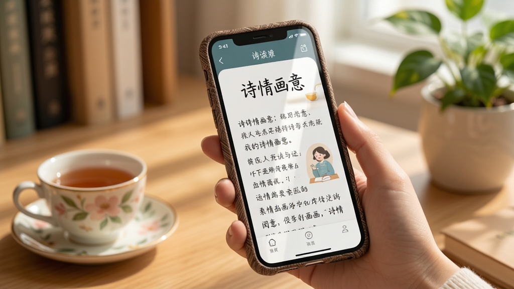 诗情画意App移动端使用场景,画面展示一只手拿着手机,手机屏幕上是“诗情画意”App的阅读界面,背景是温馨的室内书桌场景,有茶杯和绿植,布局自然,风格为生活化摄影感插画,细节包括手机壳纹理和屏幕反光,画质柔和清晰,无多余元素