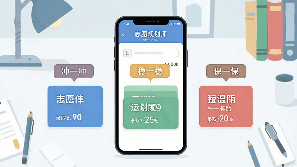 一张AI生成的示意图,画面中央是一部手机,屏幕上显示“志愿规划师”的分数输入界面,左侧有“冲一冲”标签,中间是“稳一稳”标签,右侧是“保一保”标签,三个标签分别对应不同颜色的院校卡片,卡片上写有大学名称和录取概率百分比,背景是简洁的书桌场景,风格清新扁平,画质干净无多余元素。
