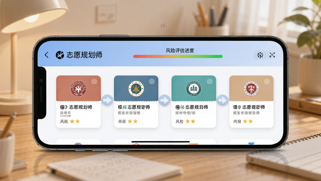 一张AI生成的示意图,画面中手机横屏显示“志愿规划师”的模拟填报界面,屏幕上是多个院校卡片按顺序排列,卡片之间有拖拽箭头,顶部有风险评估进度条显示“低风险”,背景是温馨的室内桌面,风格现代简约,画质干净无多余元素。