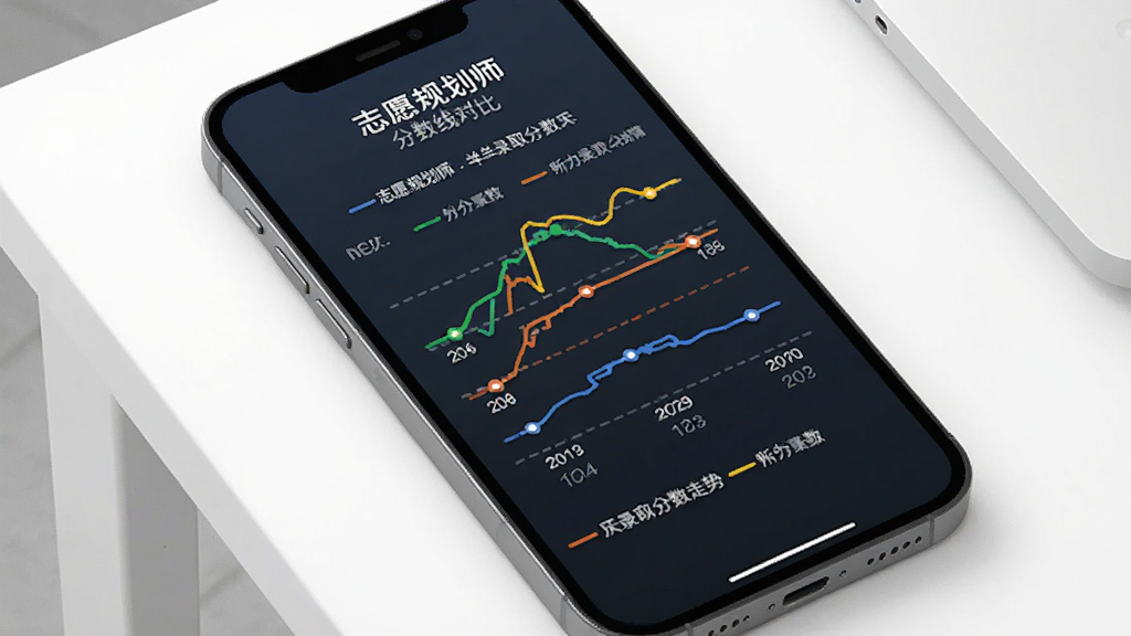 一张AI生成的示意图,画面展示手机屏幕上“志愿规划师”的分数线对比功能,屏幕中显示三条不同颜色的折线图,分别代表三所大学的历年录取分数走势,屏幕下方有图例和年份标签,背景是简洁的白色桌面,风格现代扁平,画质干净无多余元素。