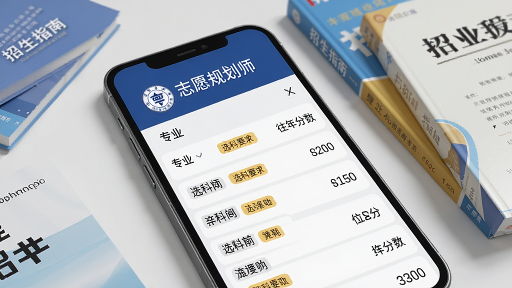 一张AI生成的示意图,画面展示手机屏幕内“志愿规划师”的院校详情页,页面顶部是大学校徽和名称,下方列出专业列表,每个专业旁边有选科要求标签和往年分数,手机旁边散落着几本招生指南书籍,风格写实简约,画质清晰干净,无多余元素。