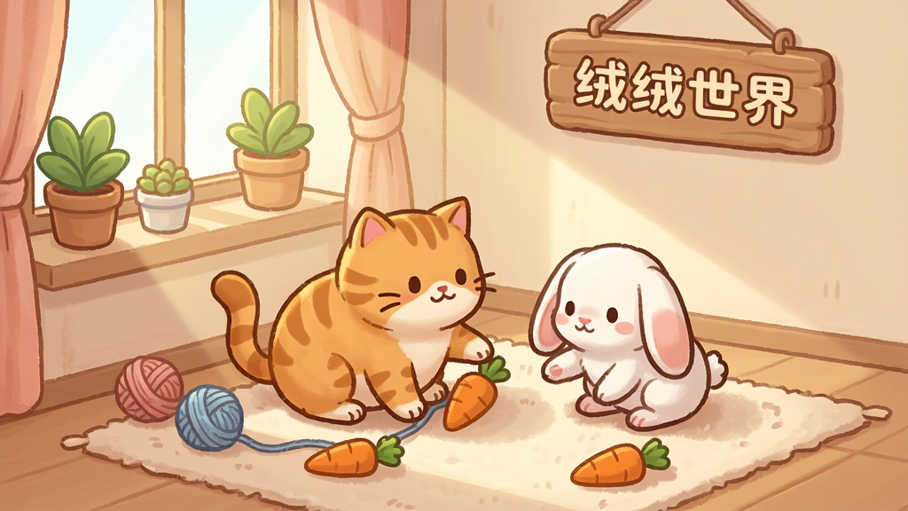 一张温馨的卡通风格游戏界面截图,画面中央是一只胖乎乎的橘猫和一只白色垂耳兔在铺着地毯的房间里玩耍,周围散落着毛线球和胡萝卜玩具,窗台上放着几盆绿植,墙上挂着“绒绒世界”木质标牌,整体色调柔和温暖,光线从窗户斜射进来,画质干净清晰,无多余UI元素