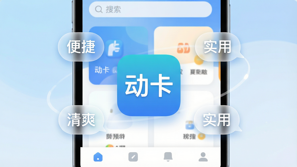 一张手机屏幕特写,画面中央是“动卡”APP的图标,图标设计简洁清爽,背景是柔和的蓝白渐变,图标周围环绕着几个半透明的功能气泡,分别写着“便捷”“清爽”“实用”,整体风格现代扁平,画质干净无多余元素,手机界面显示动卡主页面,顶部有搜索栏,中间是功能卡片,底部是导航栏,色彩明快,细节圆润,给人一种轻松好用的感觉