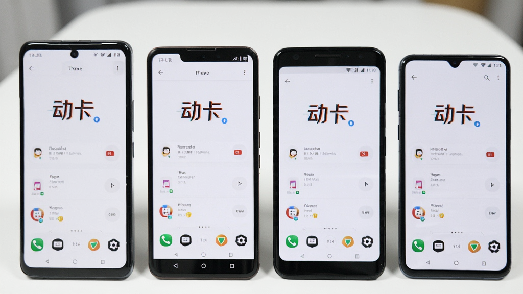 多部不同型号的安卓手机并排展示,每部手机屏幕上都显示着“动卡”APP的界面,界面布局一致且清晰,手机有全面屏也有水滴屏,背景是干净的白色桌面,整体风格统一,画质干净明亮,无多余元素