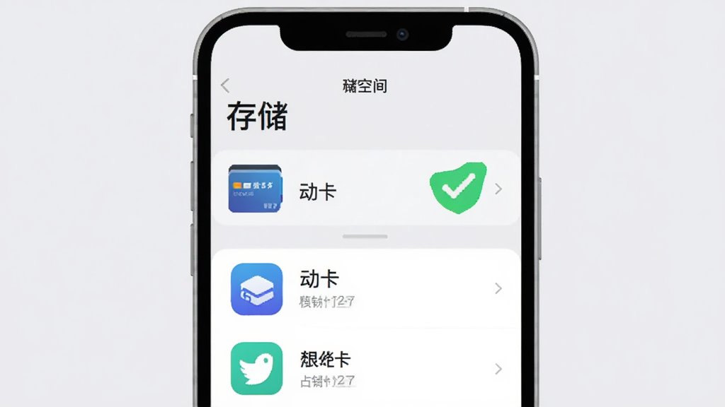 一张手机存储空间管理界面的示意图,画面中显示“动卡”APP的占用空间很小,旁边有一个绿色的对勾标记,整体风格是扁平化的科技感,背景是浅灰色,手机屏幕上方有“存储空间”字样,下方列出几个应用,动卡排在前面且占用体积最小,画质清晰,无多余元素