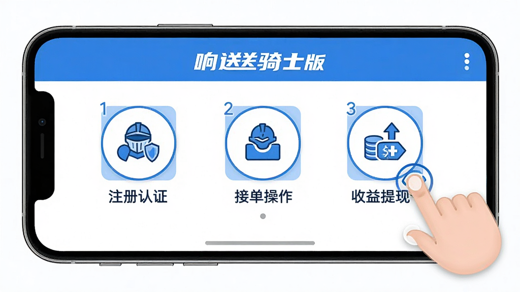 响送骑士版 新手引导界面 手机屏幕显示三个步骤图标 注册认证 接单操作 收益提现 旁边有手指点击的动画示意 简约风格 蓝白配色 画质清晰 无杂乱元素