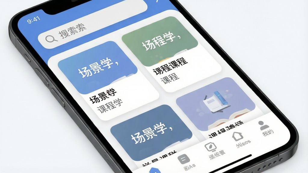一张展示“场景学”应用核心界面的手机屏幕截图,主体是简洁的学习卡片列表,布局为顶部搜索栏、中间课程卡片、底部导航栏,排版清晰,风格现代扁平,细节圆润,画质干净无多余元素,屏幕中文字包含“场景学”