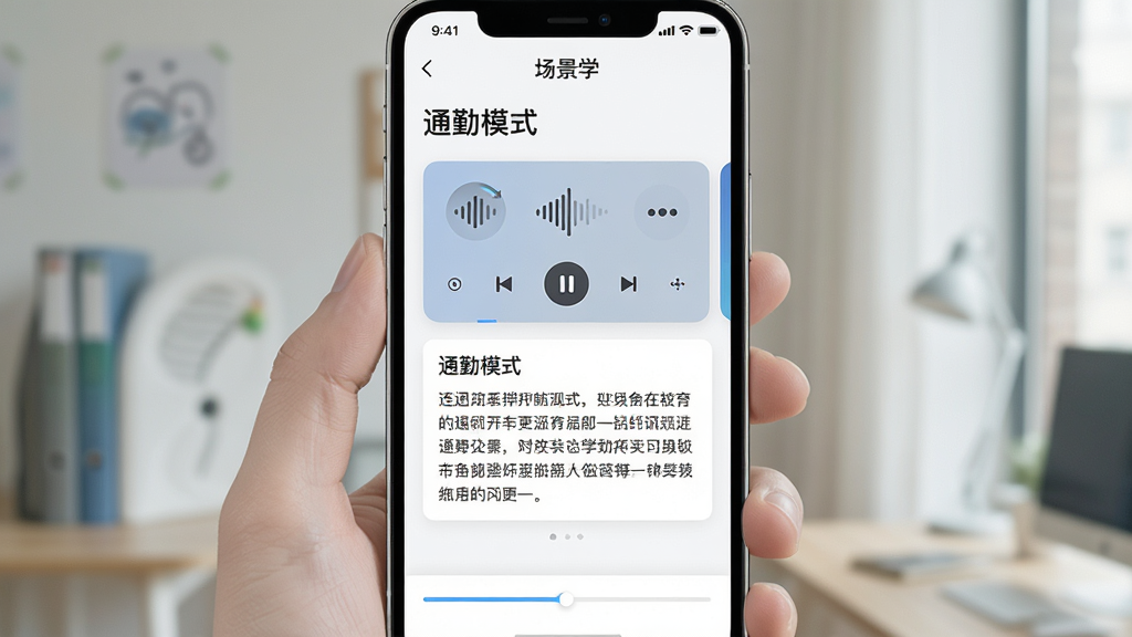 一张AI生成的图片,主体是“场景学”应用内“通勤模式”的学习界面,布局为手机竖屏,顶部显示“场景学”字样,中间是音频播放卡片和文字摘要,底部有进度条,风格清新简约,细节清晰,画质干净无多余元素
