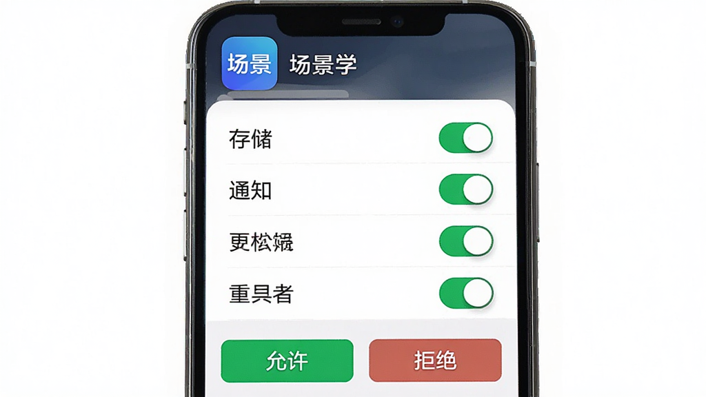 一张AI生成的图片,主体是“场景学”应用在手机上的安装权限管理界面,布局为手机竖屏,顶部显示“场景学”应用图标和名称,中间是权限开关列表(存储、通知等),底部有“允许”和“拒绝”按钮,风格简洁明了,画质干净无多余元素