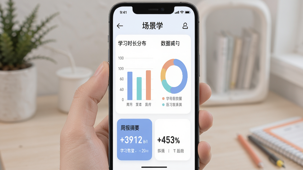 一张AI生成的图片,主体是“场景学”应用内的学习数据统计页面,布局为手机屏幕,顶部有“场景学”文字,中间是柱状图和环形图展示学习时长分布,底部有周报摘要卡片,风格现代扁平,配色柔和,画质干净无多余元素