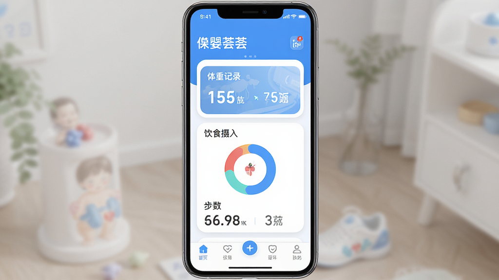 ��Ӥ��App������չʾ���ֻ���Ļ������ʾ���������Ǳ��̣��������ؼ�¼��Ƭ����ʳ����Բ��ͼ���˶�����ͳ�ƣ����岼��Ϊ�����ʺ���в�����ģ�顢�ײ���������������¼�࣬������ɫΪ����ϸ��Բ����ͣ���������Ϊ���ģ����ʸɾ��������޶���Ԫ��