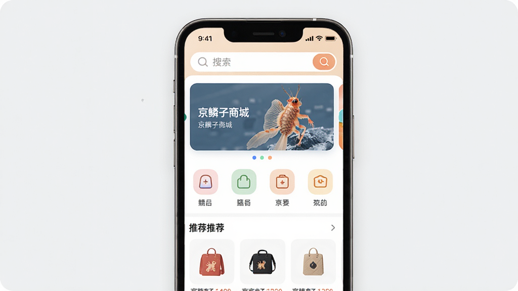 һ��չʾ�������̳�App���Ľ����ͼƬ���������ֻ���Ļ����ʾ�������̳���ҳ�������Ϸ������������ֲ�ͼ���м�����Ʒ����ͼ�꣬�·����Ƽ���Ʒ�б����Ű���������������ִ���Լ��ϸ����ͼ��Բ����ɫ��ͣ����ʸɾ��޶���Ԫ��