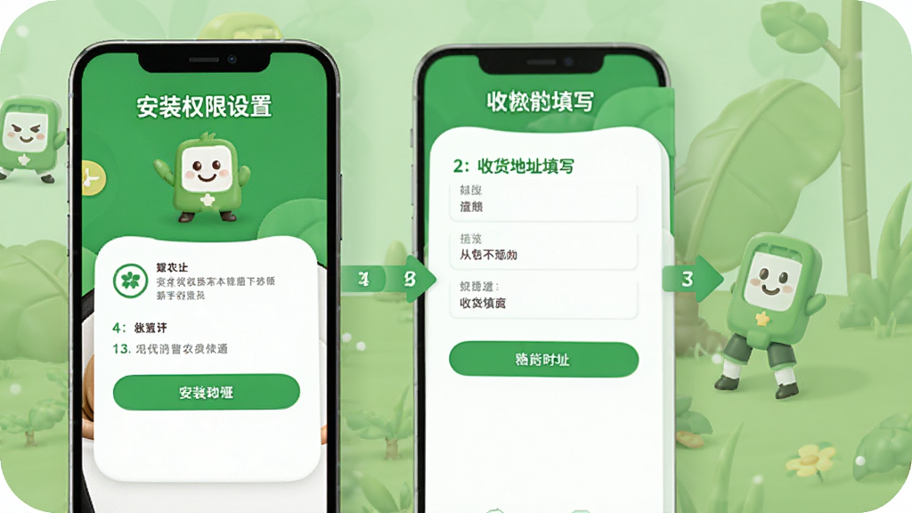 ������ũApp���ֲ���ָ�����棬�ֻ���Ļ��ʾ��װȨ�����ú��ջ���ַ��дҳ�棬���ֲַ���������������Ѻü�࣬����ɫ�Ͱ�ɫΪ����ϸ��Բ�󣬻��ʸɾ����޶���Ԫ��