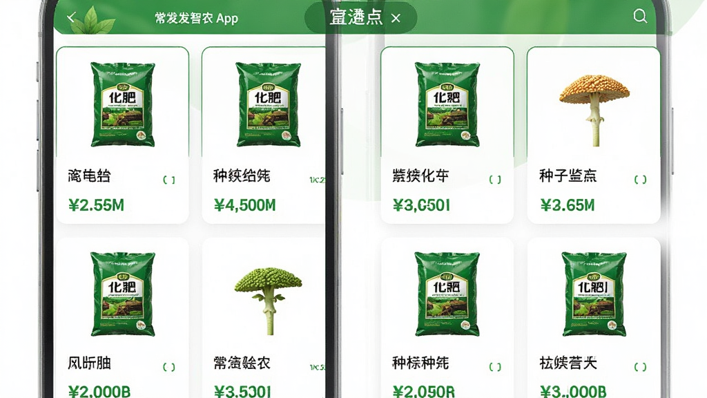 ������ũApp��Ʒ�б�ҳ�棬�ֻ���Ļ��ʾ���ʺ�������Ʒ��Ƭ��ÿ�ſ�Ƭ����������ƷͼƬ�����ƺͼ۸񣬲���Ϊ���������Ű����룬���������Ȼ������ɫ�Ͱ�ɫΪ��ɫ����ϸ�����������ʸɾ����޶���Ԫ��