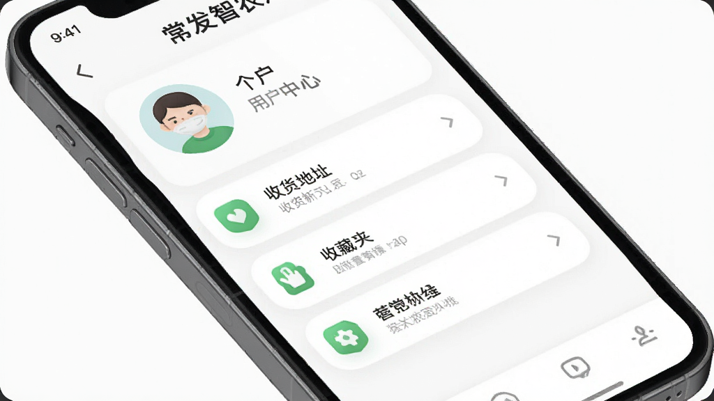 ������ũApp��������ҳ�棬�ֻ���Ļ��ʾ�û�ͷ���ջ���ַ���ղؼе�ѡ���б�������Ϊ��ֱ�˵�ʽ�������ˬ�ɾ���ͼ����Ƽ�࣬ϸ��Բ�󣬻����������޶���Ԫ��
