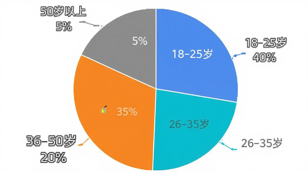 测谎仪模拟器用户年龄分布饼状图,画面中央是一个圆形饼图,分为四个扇形区域,分别标注“18-25岁 40%”“26-35岁 35%”“36-50岁 20%”“50岁以上 5%”,饼图配色为蓝、青、橙、灰四色,背景为白色,图表风格简洁清晰,画质干净,无多余元素
