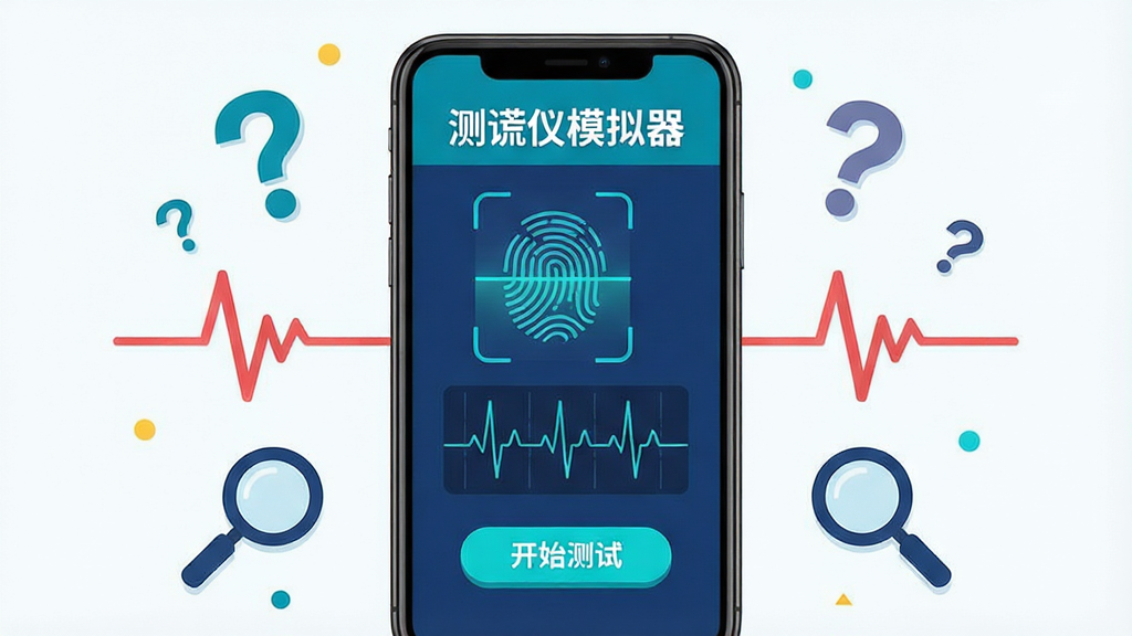 一张展示测谎仪模拟器主界面的图片,画面中央是手机屏幕,屏幕内显示测谎仪模拟器应用界面,界面以深蓝色和青色为主色调,顶部有“测谎仪模拟器”标题文字,中间是一个指纹扫描区域和心率波形图,底部有开始测试按钮,周围环绕着问号、心跳线、放大镜等趣味元素,风格为扁平化科技感设计,画质清晰干净,无多余元素
