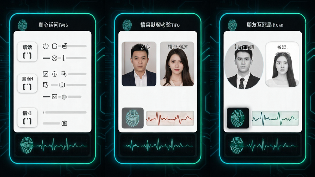 测谎仪模拟器功能展示图,画面分为三块区域,左侧展示真心话问答界面,中间展示情侣默契考验界面,右侧展示朋友互怼局界面,每个界面都有测谎仪模拟器的标志性指纹图标和波形图,背景为深色科技风格,配有霓虹蓝绿色光效,布局清晰,风格统一,画质干净,无多余元素