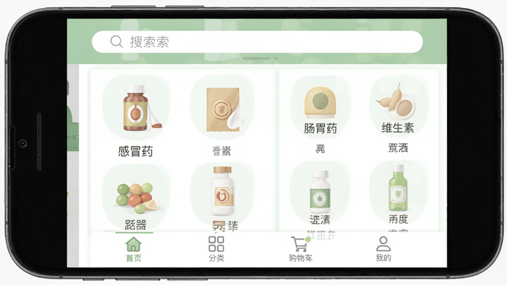 ����ҽҩ�̳� �ֻ�Ӧ�������棬��ɫ��ǳ��ɫΪ��ɫ�����������������м���ҩƷ����ͼ�����ðҩ����θҩ��ά���صȣ��ײ�����ҳ�����ࡢ���ﳵ���ҵ��ĸ���ǩ������ɾ����࣬����ִ���ƽ�������������޶���Ԫ��