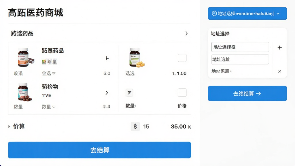 ����ҽҩ�̳� ���ﳵ�����ҳ�棬��ʾ��ѡҩƷ�б����������۸�С�ƣ��ײ���ȥ���㰴ť���Ҳ��е�ַѡ����ڣ������࣬��ť��Ŀ�������ˬ����������