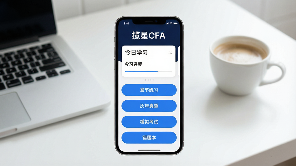 һ��չʾ����CFA�ֻ�App�������ͼƬ������������һ�����������ֻ����ֻ���Ļ����ʾ�š�����CFA����Logo�ͽ���ѧϰ���ȿ�Ƭ����Ƭ�·����½���ϰ���������⡢ģ�⿼�ԡ����Ȿ�ĸ�Բ�Ǿ��ι��ܰ�ť����ť����������ɫ�������Ǹɾ���������һ�����ȣ��������ִ���Լ�������������޶���Ԫ��