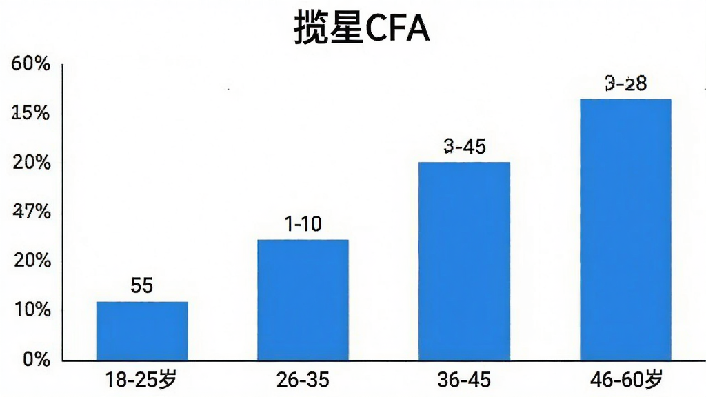һ��չʾ��ͬ������û�ʹ������CFA����״ͼ�������������18-25�ꡢ26-35�ꡢ36-45�ꡢ46-60�꣬�������û�ռ�Ȱٷֱȣ���״ͼ�Ϸ���ע�������֣�������CFA������������ͼ������λ�ã�������ɫ����������ݿ��ӻ��������������޶���Ԫ��