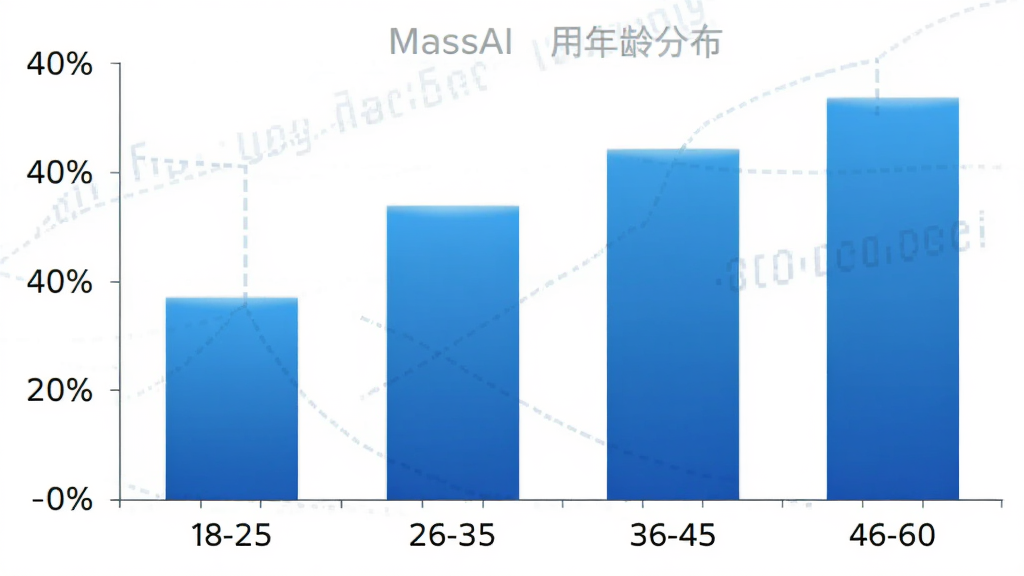MassAI�û�����ֲ���״ͼ�������Ǽ�������ͼ���������ע�����18-25��26-35��36-45��46-60�������ע�ٷֱȣ���״��ɫΪ��ɫ���䣬������ɫ���Ű���������������Լ��ϸ�ڸɾ������������޶���Ԫ��