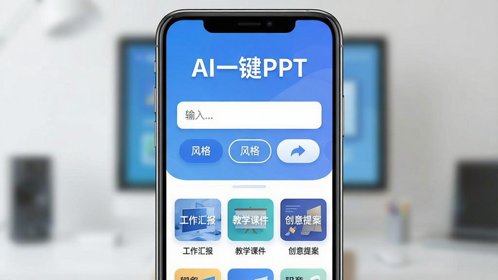 AI一键PPT 软件主界面全貌展示,画面中央是一部智能手机,屏幕显示应用首页,上方有“AI一键PPT”文字标识,中间是输入框和风格选择按钮,下方排列着“工作汇报”“教学课件”“创意提案”等模板缩略图,整体布局简洁清晰,主色调为蓝白渐变,风格现代扁平化,细节圆润,画质干净无多余元素