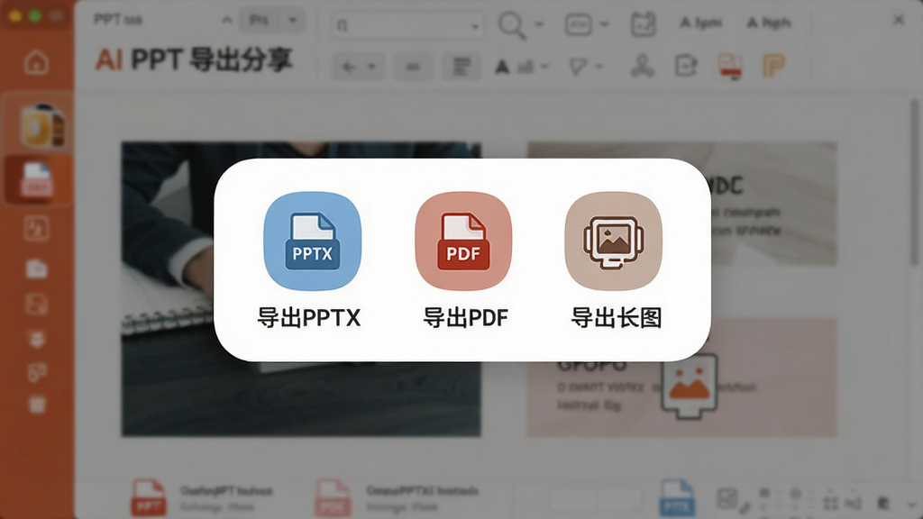 AI一键PPT 导出分享界面,手机屏幕显示导出选项弹窗,包含“导出PPTX”“导出PDF”“导出长图”三个图标按钮,背景是已经排版好的PPT预览页,风格清爽,图标设计圆润,画质干净,整体无多余装饰