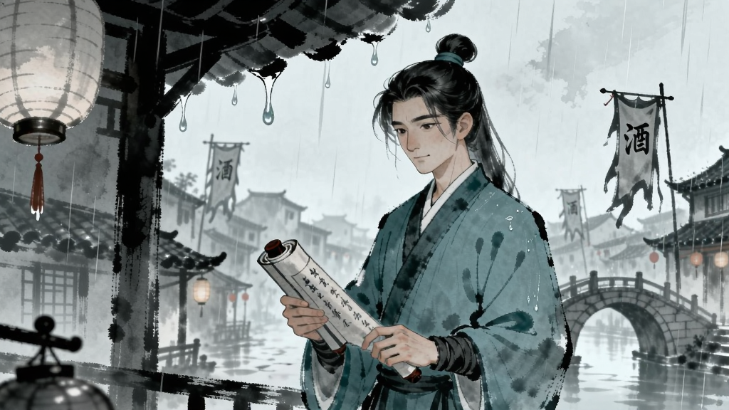 水墨风格的武侠场景插画,画面中央是一位身着青衫的侠客站在雨中屋檐下,手里拿着一卷书信,背景是烟雨朦胧的江南小镇,远处有酒旗和石桥,近处有灯笼和雨水滴落的细节,风格是国风水墨,色调偏冷,画质干净,无多余元素