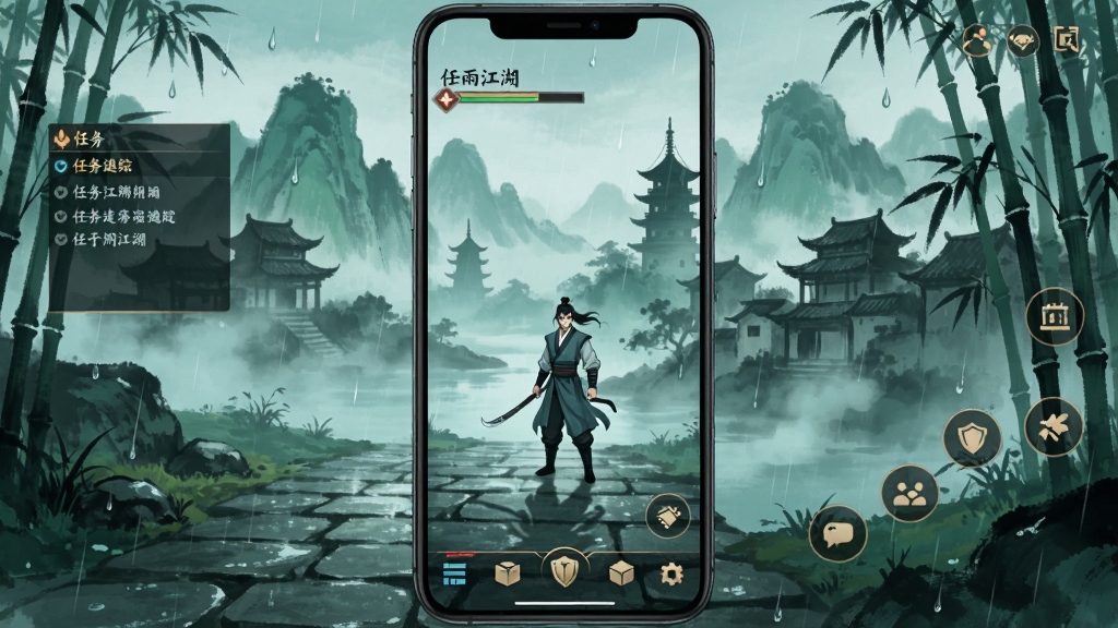手机屏幕竖屏展示,画面主体是烟雨江湖游戏主界面,背景是水墨风格的中国山水画,远处有青山和古塔,近处是石板路和竹林,界面中央显示角色站立在江湖场景中,左侧有任务追踪栏,右侧有功能按钮,底部有菜单栏,整体色调以青绿和墨色为主,风格是国风水墨武侠,细节上要有雨滴和雾气效果,画质清晰干净,无多余元素