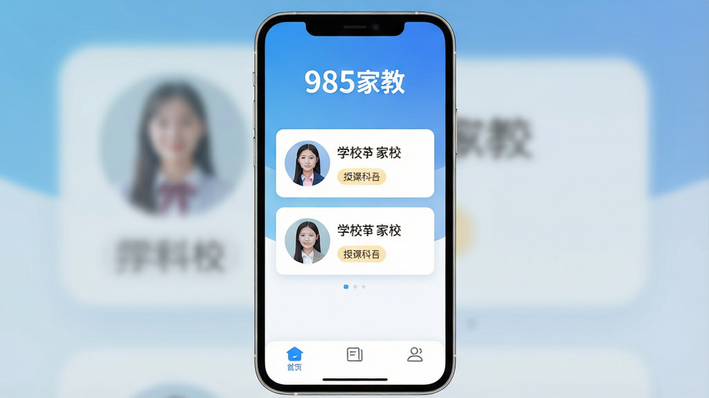 һ��չʾ��985�ҽ̡�APP���Ľ�����ֻ���Ļʾ��ͼ��������������������ҳ������Ϊ�ɾ������׽���ɫ���������С�985�ҽ̡����������ֱ�ʶ���м�������ʾ���Ľ�ʦƥ�俨Ƭ���֣���Ƭ���н�ʦͷ��ѧУ���ƺ��ڿο�Ŀ��ǩ���ײ�������������ť���������ִ���ƽ����ϸ��Բ�󣬻��������ɾ����޶���װ��Ԫ�ء�