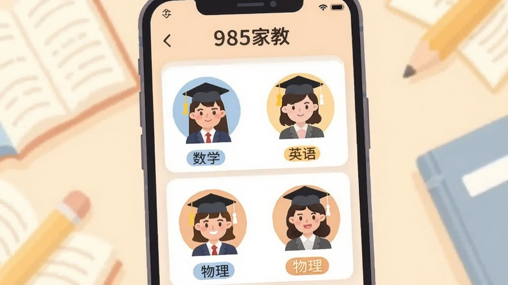 һ��AI���ɵı�ƽ���廭������������һ���ֻ���Ļ����Ļ����ʾ��985�ҽ̡��Ľ�ʦ�б����棬�б����м�λ����ѧʿñ�Ŀ�ͨ��ʦ�����Ա߱�ע�š���ѧ������Ӣ������������ȿ�Ŀ��ǩ����������͵��鱾��Ǧ��ͼ���������ܰ��࣬���ʸɾ����޶������ֺ�����Ԫ�ء�