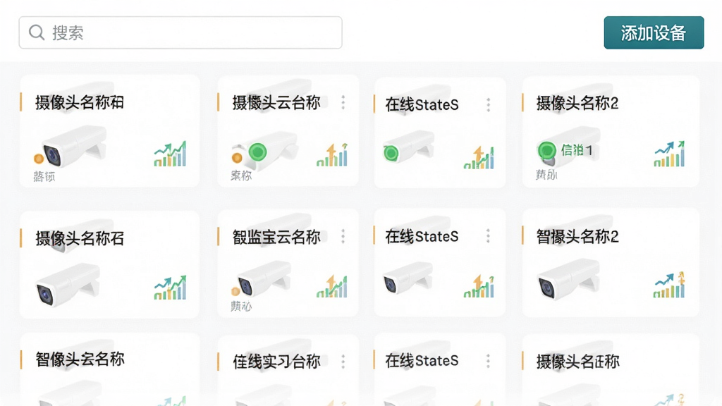 �Ǽ౦��ƽ̨�豸�������棬����չʾ�豸�б���Ƭʽ���֣�ÿ����Ƭ��ʾ����ͷ���ơ�����״̬ͼ����ź�ǿ�ȣ�������������������豸��ť������Ϊ���׼�����������������ʸɾ��޶���Ԫ��