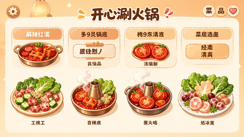开心涮火锅 菜品研发界面 多种火锅锅底选择 麻辣红汤番茄清汤 菜品摆盘展示 食材新鲜诱人 暖色调 卡通风格 界面整洁 布局合理 画质清晰 无多余元素