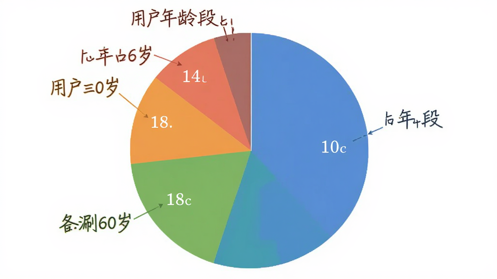 开心涮火锅 用户年龄分布饼状图 18到60岁各年龄段占比 不同颜色区分 数据可视化 简洁图表设计 白色背景 画质清晰 无多余元素