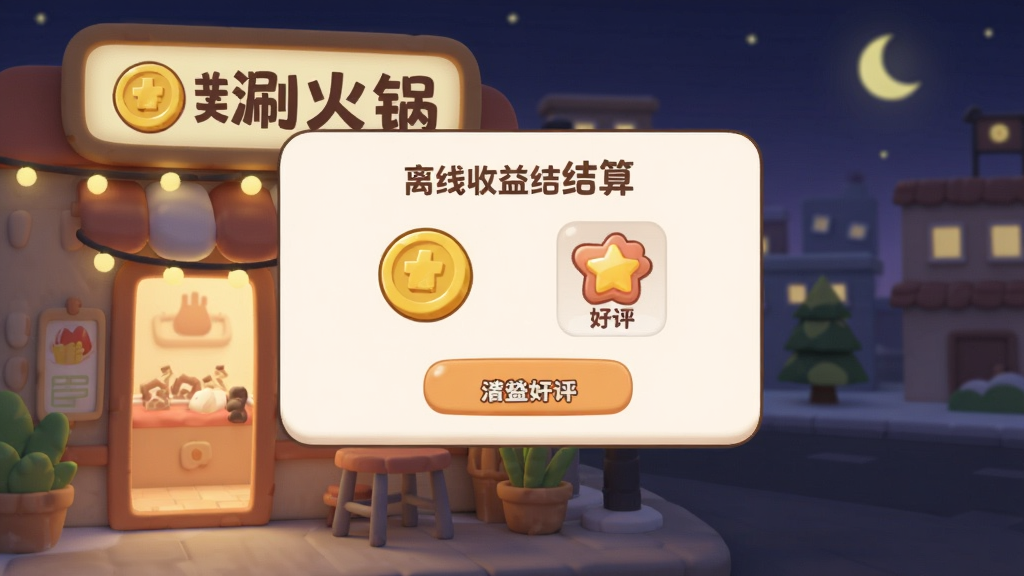 开心涮火锅 离线收益结算弹窗 金币和好评图标 店铺外观展示 温馨灯光 夜晚场景 卡通风格 画面简洁 画质干净 无多余元素