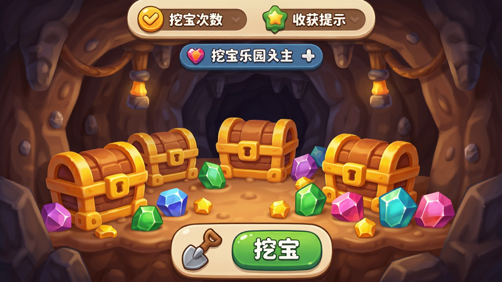 挖宝乐园主界面全景展示,画面中央是卡通风格的矿洞场景,矿洞里散落着金色宝箱和彩色宝石,顶部显示挖宝次数和收获提示,底部有铲子图标和挖宝按钮,整体色调明亮活泼,风格Q版可爱,细节圆润,画质干净无多余元素