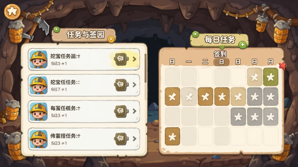 挖宝乐园每日任务与签到界面,画面展示任务列表和签到日历,任务条目清晰,签到格子有已领取和待领取状态,背景是矿洞主题的卡通装饰,风格清新可爱,布局整齐,画质干净无杂乱元素