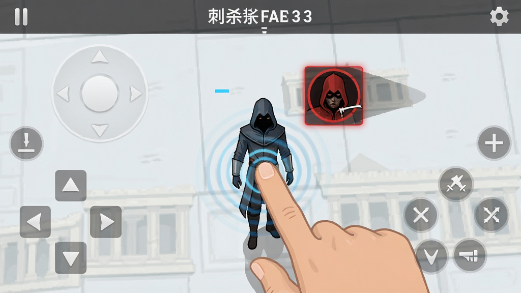 一张刺杀国王3游戏操作演示界面的详细图片,主体是手指在屏幕上滑动引导刺客移动的示意,布局采用第一人称视角,排版上虚拟按键半透明置于屏幕两侧,风格为扁平化UI设计,细节包括手指触控波纹和暗杀目标高亮提示,画质清晰干净无多余元素