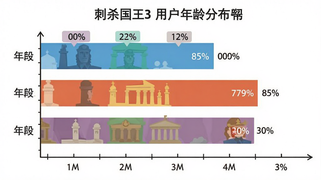 一张刺杀国王3用户年龄分布柱状图的详细图片,主体是五个彩色柱状条分别代表不同年龄段,布局采用横向柱状图排列,排版上左侧标注年龄段右侧标注百分比,风格为扁平化信息图,细节包括柱状条顶部数值标签和底部坐标轴线,画质清晰干净无多余元素