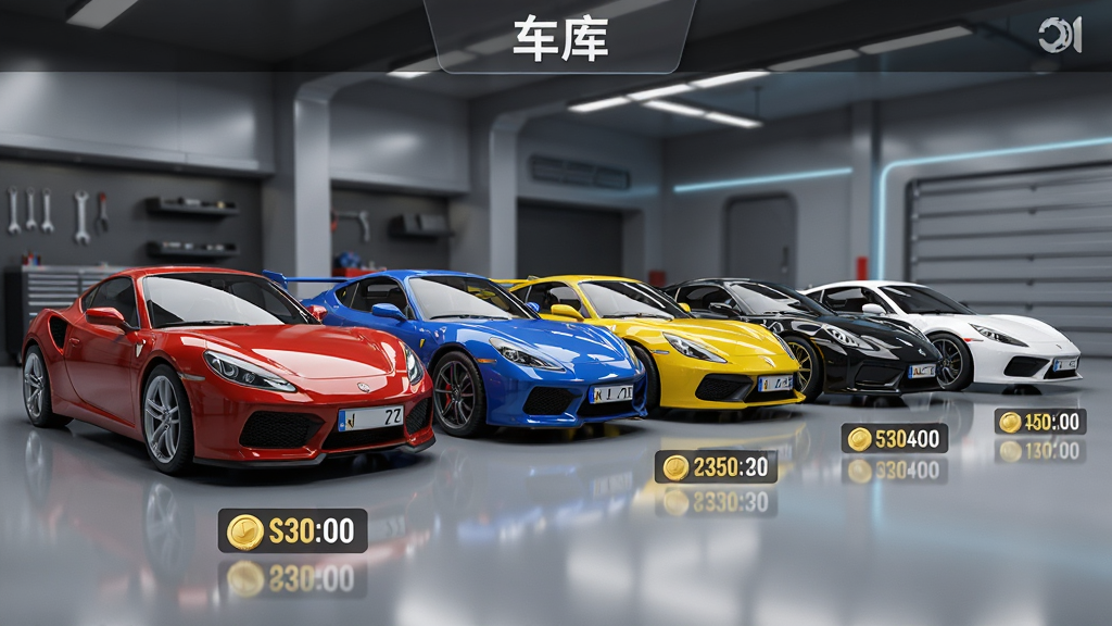 极速赛车达人车库界面,展示一排不同颜色的跑车,从左到右依次是红色、蓝色、黄色、黑色和白色,每辆车下方有解锁所需金币数量,界面顶部有“车库”标签,背景是现代化车库场景,风格为3D写实,细节包括车辆反光、轮胎纹理和车牌,画质清晰,干净无多余元素