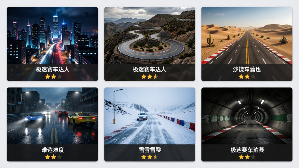 极速赛车达人赛道选择界面,显示六张不同赛道的缩略图,包括城市夜景、盘山公路、沙漠公路、雨天街道、雪地赛道和隧道,每张图下方有赛道名称和难度星级,界面布局为网格状,风格为3D写实,细节包括缩略图上的光影效果和路面纹理,画质高清,干净无多余元素