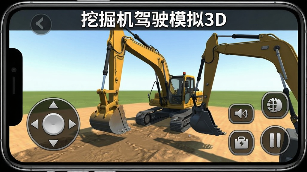 挖掘机驾驶模拟3D游戏操作界面截图,画面展示手机屏幕上左右两侧的操作按钮布局,左侧是行走控制摇杆,右侧是机械臂和挖斗控制按钮,中间是游戏画面显示挖掘机正在作业,顶部有“挖掘机驾驶模拟3D”文字,风格简洁清晰,布局合理,细节到位,画质干净无多余元素
