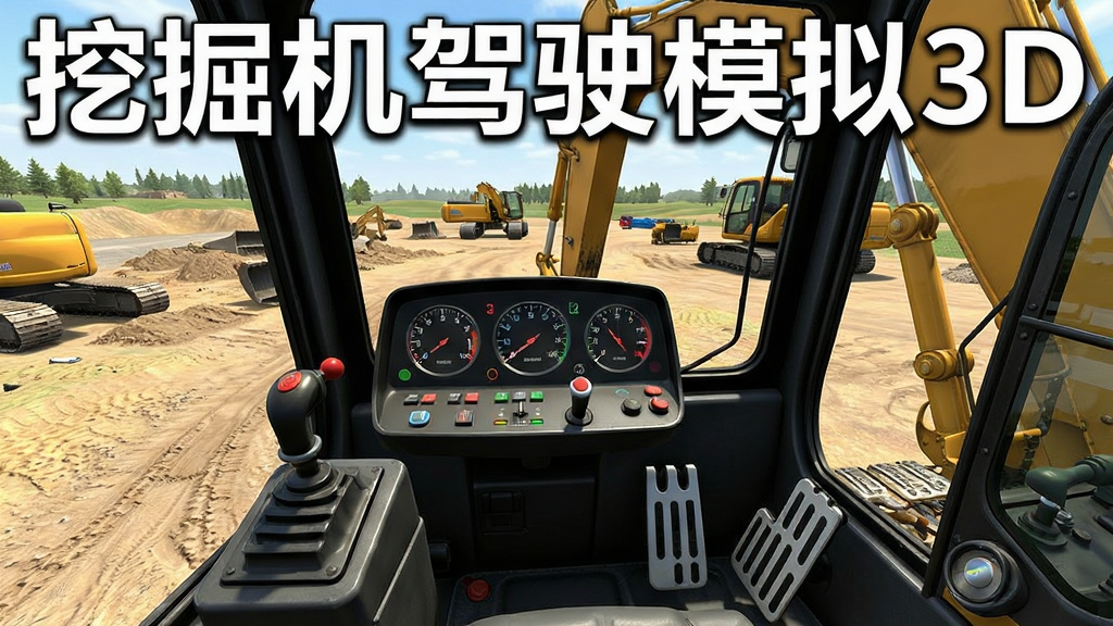 挖掘机驾驶模拟3D第一人称驾驶舱视角截图,画面中显示驾驶舱内部仪表盘、操作杆、油门踏板等细节,前方视野是工地场景和挖掘机机械臂,顶部有“挖掘机驾驶模拟3D”游戏名称,风格写实,布局为第一人称视角,细节丰富,画质干净无多余元素